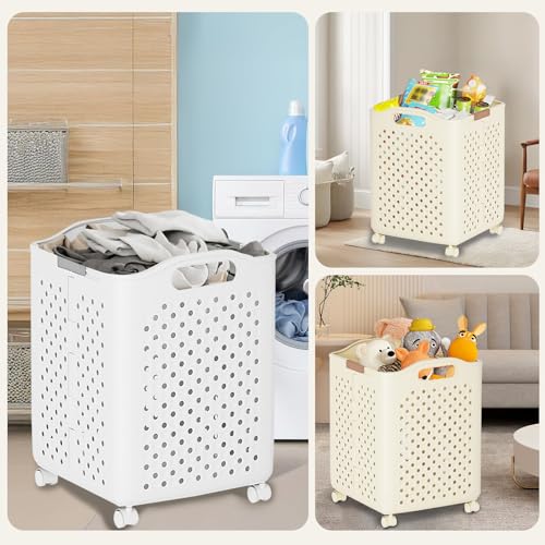57L Foldable Collapsible Laundry Basket, with Wheels+Handles(Pearl White) - color: Pearl White