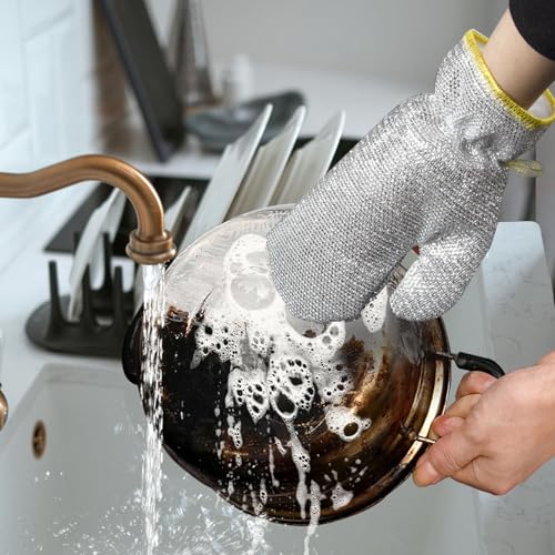 2 Pairs Dish Sponge Dishwashing Gloves, Non Scratch Dish Scrubber Dish Gloves, Waterproof Kitchen Scrub Sponges for Cleaning Dishes Pots Pans, 24x16cm/9.45x6.3in, Silver