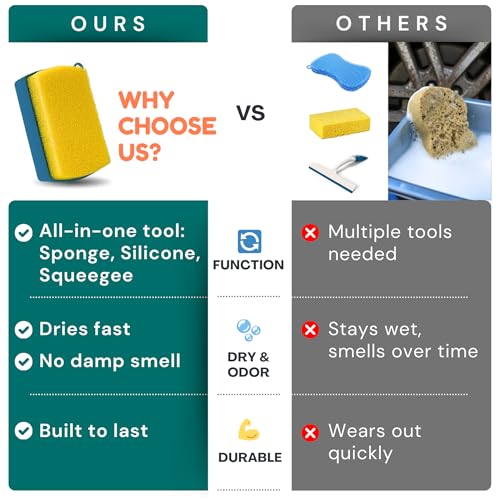 3-in-1 Silicone Scrubber Sponge with Squeegee – Non-Scratch Kitchen Sponge for Dishes, Sink & Bathroom, Quick-Dry, Reusable Cleaning Tool (Teal +Yellow) - color: Teal +Yellow