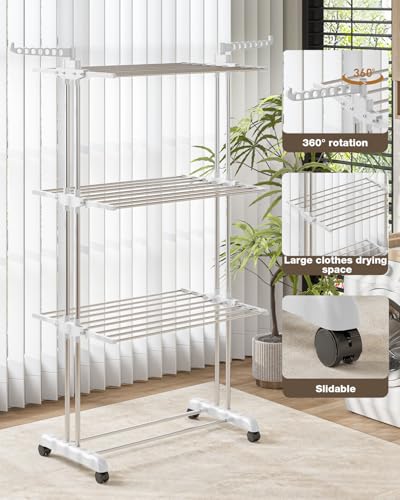 Bigzzia Clothes Drying Rack Folding with Wheels Drying Rack Clothing Clothes Horses Rack Stainless Steel Laundry Drying Rack with Two Side Wings 4 Tier Grey White - color: Grey White