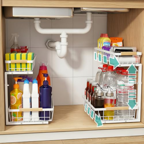 Under Sink Organizer 2 Pack, 2 Tier Pull Out Cabinet Organizers and Storage for Kitchen Bathroom Pantry Laundry, Adjustable Height, Slide Out Thickened Metal Storage Shelf (White, 2 Pack) - color: White, size: 2 Pack
