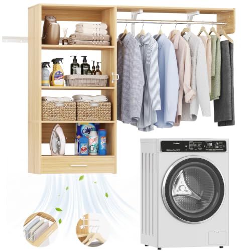 Armocity 60" Wall Mounted Laundry Room Organization with Pull-Out Towel Rack, 5FT Over Washer and Dryer Shelves with Hanging Rod and Storage Shelf, Wood Laundry Room Organization and Storage, Natural - color: Natural