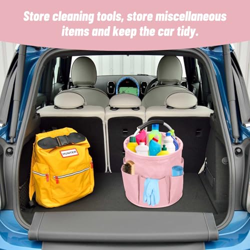 17L Cleaning Caddy with Handle, Foldable Cleaning Supply Caddy with 6 Pockets Cleaning Caddy Bag for Outdoor Camping Garden Harvest Basket Bathroom Storage (Pink) - color: Pink