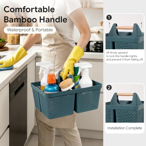 Portable Plastic Shower Caddy Basket with Wooden Handle, Bluish Green - color: Bluish Green
