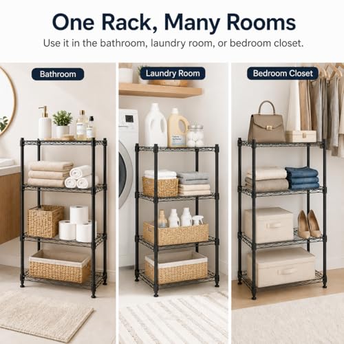 4 Tier Storage Shelves, Metal Wire Shelving Unit, Heavy Duty Adjustable Shelf Rack for Pantry, Kitchen, Garage and Laundry Room, Black - size: M-4