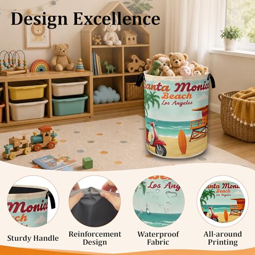 Summer Beach Laundry Basket, Foldable Laundry Hamper with Handles, Large Capacity Waterproof Clothes Storage Basket for Bedroom Bathroom College Dorm - color: Retro Summer Beach