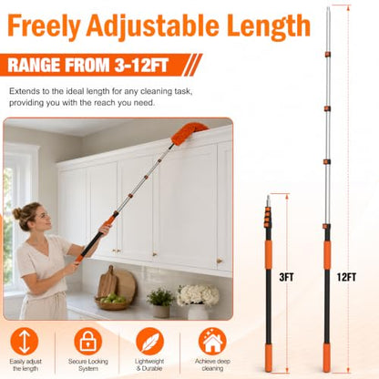 LAANPOLE 20FT High Reach Duster Cleaning Kit with Extension Pole, High Ceiling Fan Cleaner Duster Tool for Fan Blades, Window Washing Kit with Microfiber Feather Duster & Window Squeegee - size: 12FT