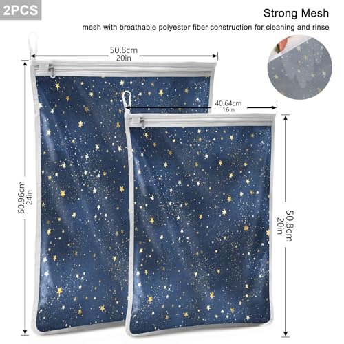 Mesh Laundry Bags Lingerie Bags for Washing Delicates 2 PCS Wash Bag with Zipper Small and Medium Washable Blue Stars - color: Blue Stars