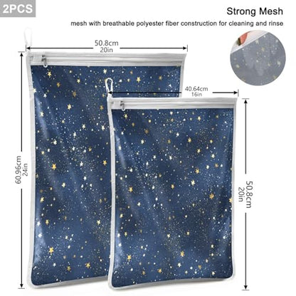 Mesh Laundry Bags Lingerie Bags for Washing Delicates 2 PCS Wash Bag with Zipper Small and Medium Washable Blue Stars - color: Blue Stars