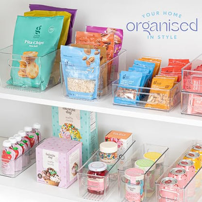 Plastic Food Storage 2 Pack Clear Container Bin with Handles for Organizing Kitchen, Pantry, Refrigerator, Freezer, Pantry, Cabinet, Closet, Bathroom. 14”X4”x4” - size: 14x4x4