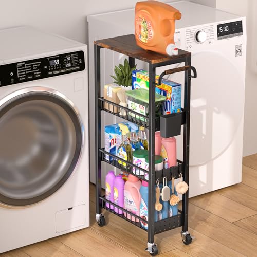 DTUQYX Slim Rolling Storage Cart, 4 Tier Small Organizer Cart with Wheels, Metal Utility Shelf Kitchen Bathroom Laundry Room Organization Trolley with Handle for Narrow Space (9.1" W Metal Basket) - color: Black, size: 7.88"W Metal Wire Basket