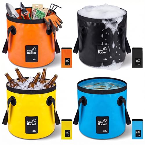 4 Pcs Collapsible Bucket with Handle 5 Gallon(20L) Foldable Water Container Folding Water Bucket Portable Folding Camp Wash Basin for Outdoor Travelling Camping Hiking Fishing Car Washing