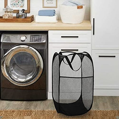 BATTOO Deluxe Strong Mesh Pop up Laundry Hamper Basket with Side Pocket Foldable Hamper for Laundry Room, Bathroom, Kids Room, College Dorm or Travel Black + Black - color: Black+Black