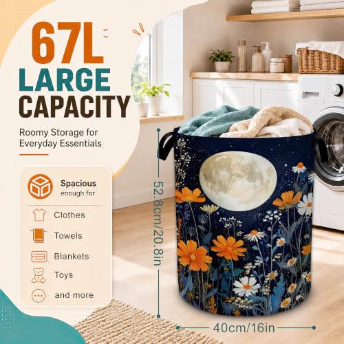 Wildflowers Laundry Basket,Moon Daisy Starry Sky Foldable Oxford Laundry Hamper with Handles,Portable Clothes Tote Bag Clothes Storage Bucket Organizer 20.8" x16" For Bathroom/Laundry Storage/Bedroom - color: Wildflowers Moon Daisy Starry Sky