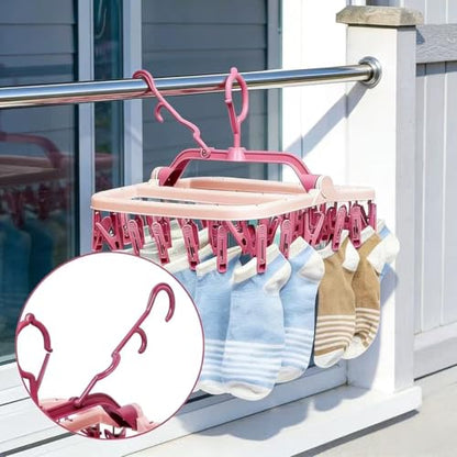 Sock Dryer with pegs for Washing line with 32 Clips and 360° Suitable for Socks Underwear Insoles Baby Clothes Gloves (Pink)