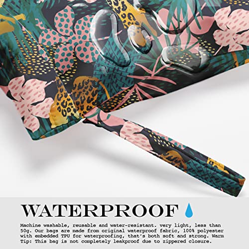 Wet Dry Bag, Wet Bag for Swimsuit, Travel, Beach, Pool, Diapers, Dirty Gym Clothes, Makeup Bag, Camping Accessories, Waterproof Reusable Jungle Tropical Leaves Cheetah Print - color: pink and green