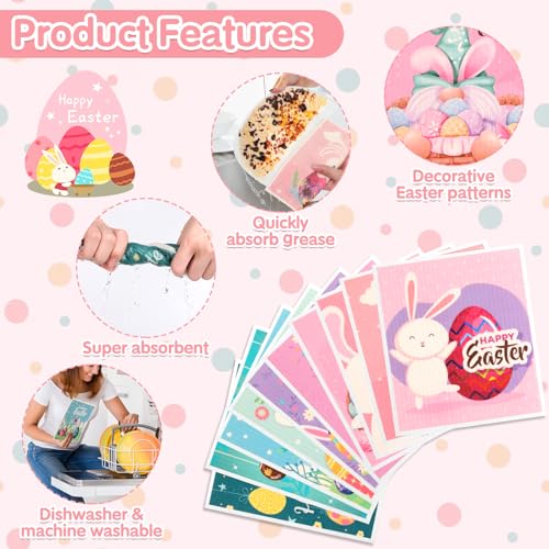 Easter Swedish Dishcloth Set of 10, Super Absorbent Swedish Kitchen Dish Cloths Reusable Paper Towels Cleaning Rags for Dishes Quick Drying, Easter Cute Bunny Rabbit Egg Prints Decorative Wipes - color: 10 Pack-easter Bunny+ Clips