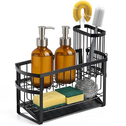 Kitchen Sink Organizer Caddy, 2 Tier Sink Caddy Organizer with High Brush Holder, Rust-Proof Countertop Rack (Black 10.6 * 4.3 * 5.7") for Kitchen Accessories & Dish Brushes