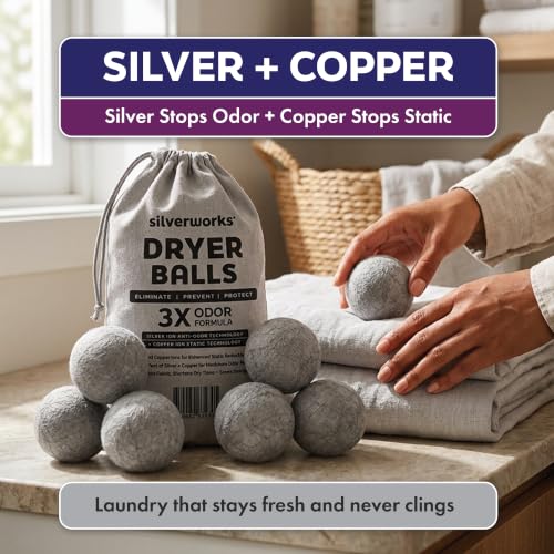 SilverWorks! Wool Dryer Balls Laundry Reusable - Odor Eliminating Dryer Laundry Balls with Silver Technology - Natural Fabric Softener and Static Reducer, Reduce Drying Time and Energy Costs - 6 Pack - color: Grey, size: 6 Count