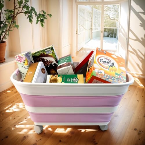 SAMMART 27L (7.1 Gallons) Collapsible Plastic Laundry Basket with Handle and wheels -Foldable Pop Up Storage Basket with handle (White/Pale Purple/White)