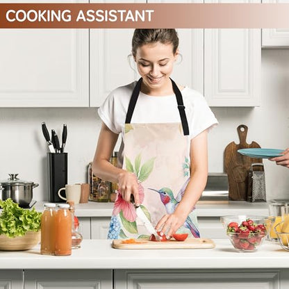 Cooking Aprons for Men and Women,Adjustable Bib Chef Apron with 2 Pockets, Soft and Durability Kitchen Apron - color: Hummingbird Pink Flower