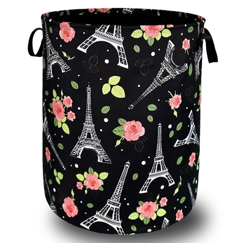 Retro Eiffel Tower Laundry Basket Oxford Cloth Foldable Hamper 18.9x16.5 In - color: Eiffel Tower and Rose Flowers
