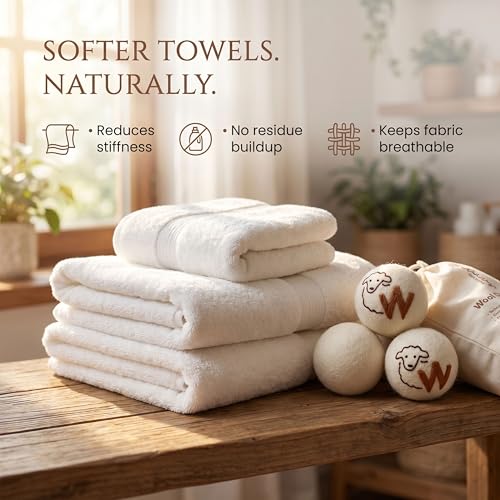 Woolly's Wool Dryer Balls – 100% Pure New Zealand Wool, Reusable Natural Fabric Softener, Reduces Drying Time & Clothes Wrinkles, Chemical-Free Dryer Balls (Pack of 6)
