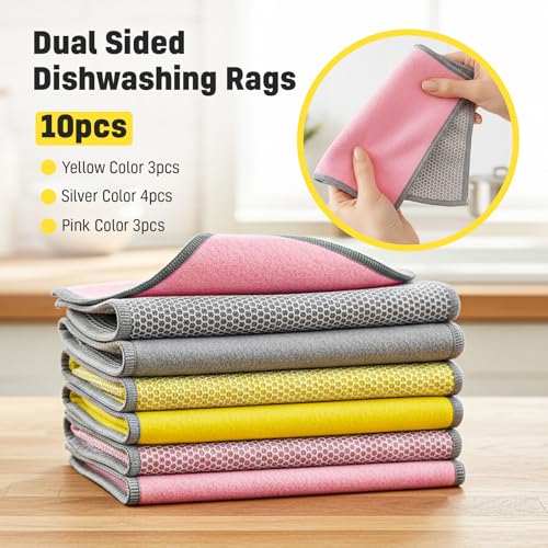 NEW 2026 | Non Scratch Wire Dishcloth | Metal Cleaning Rag for Kitchen Cookware | Silver Mesh Dishcloth | Double Sided | Metal & Coconut Fiber Scrubbers | 10 pcs Colorful Cloth - color: Orange, Pink, Green