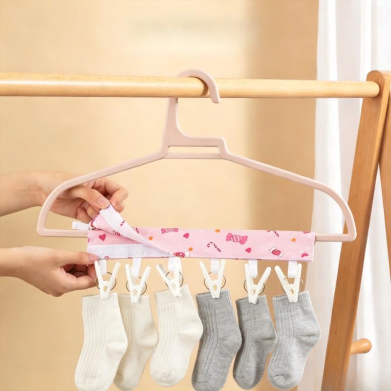 1pc Candy Print Foldable Travel Hanger Portable Fabric Hanging Clothes Drying Rack with 6 Clips Hook and Loop Fastener Space Saving Hanger - color: Rose Red