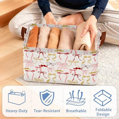 Cute Pink Bow Storage Baskets,Foldable Organizer Bin with Handles for Home Living Room Bedroom Closet Box 17x11.5x10Inch - color: Cute Pink Bow