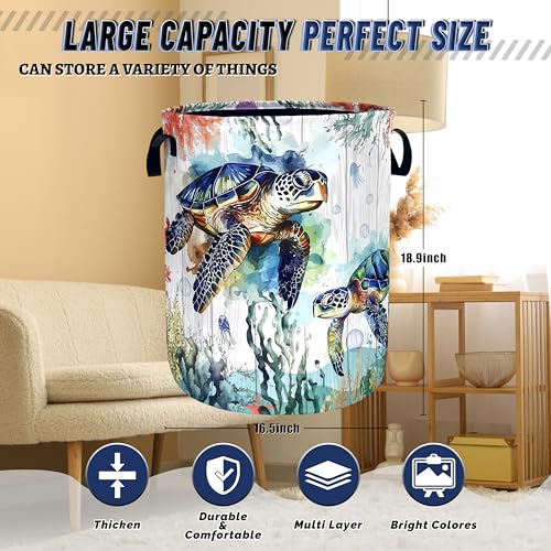 Ocean Sea Turtle Laundry Basket Oxford Cloth Foldable Hamper 18.9x16.5 Inch - color: Cute Blue Turtles Ocean Beach