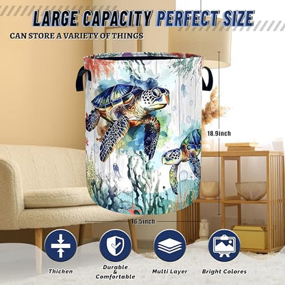 Ocean Sea Turtle Laundry Basket Oxford Cloth Foldable Hamper 18.9x16.5 Inch - color: Cute Blue Turtles Ocean Beach