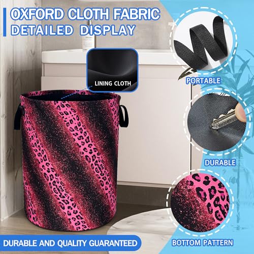 Pink Leopard Print Laundry Basket Foldable Oxford Cloth Hamper 18.9x16.5 In - color: Pink Leopard Print