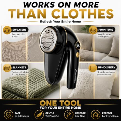 Smartek Fabric Shaver Fuzz Remover, Electric Lint Remover for Clothes, Sweater Shaver to Remove Pilling, Couch Cleaner (Rechargeable)