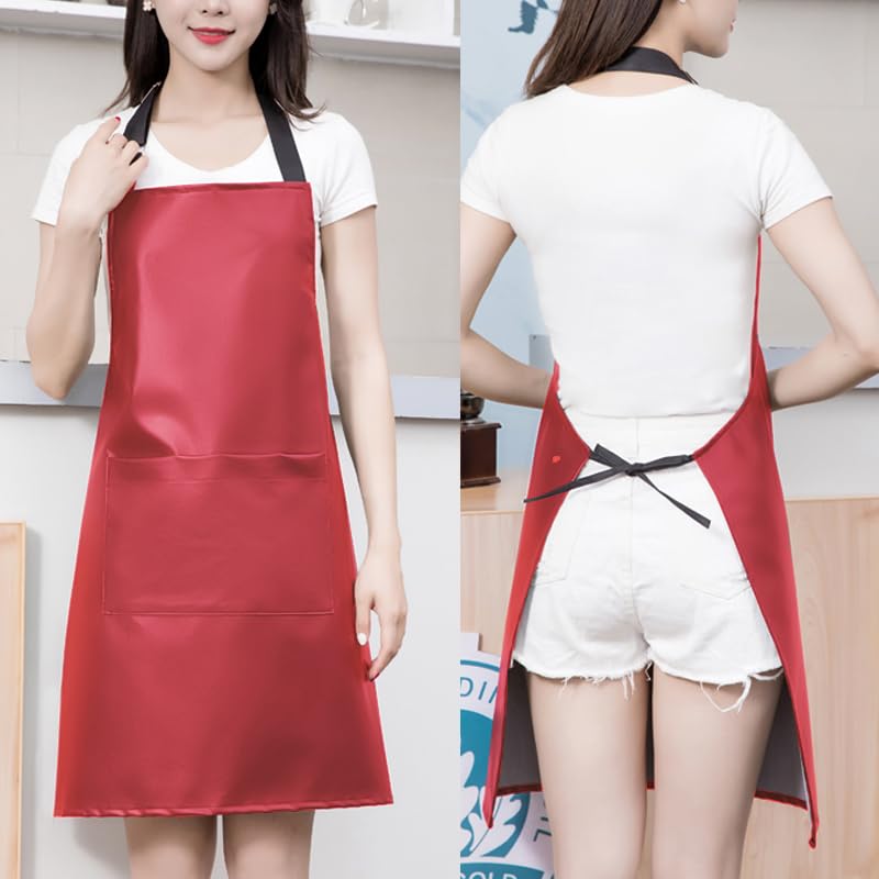 eywlwaar PU Waterproof Apron with One Big Pocket Adjustable Oil Proof Apron for Kitchen Dishwashing Cooking 29.92"x 26.77" - color: Red-2packs