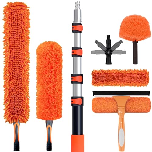 26FT High Reach Duster Cleaning Kit with 5-20 FTExtension Pole, High Ceiling Fan Cleaner Duster Tool for Fan Blades, Extendable Reusable Cobweb, Feather, Window Cleaning Squeegee Kit (20FT) - size: 20FT