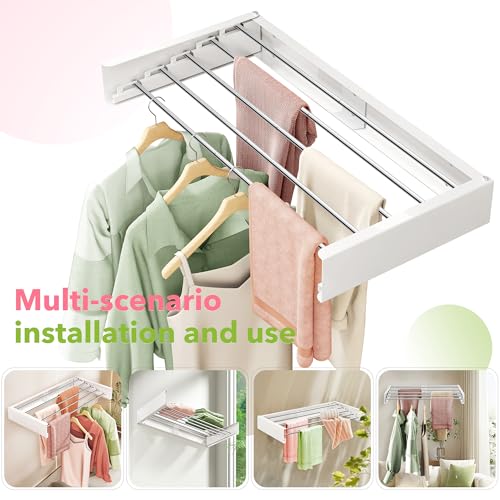 ZdwCyl Wall Mounted Drying Rack,32 inches,Foldbale, Clothes Drying Rack,Laundry Drying Rack Wall Mount,Drying Rack Clothing Space Saver,Retractable,Collapsible,Folding Laundry Rack,White - style: White-Stainless Steel