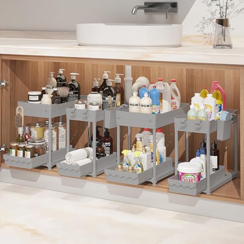 Sevenblue 4-Pack 2-Tier Under Sink Organizer with Pull Out Drawers - color: Gray, size: 12.8 Inch