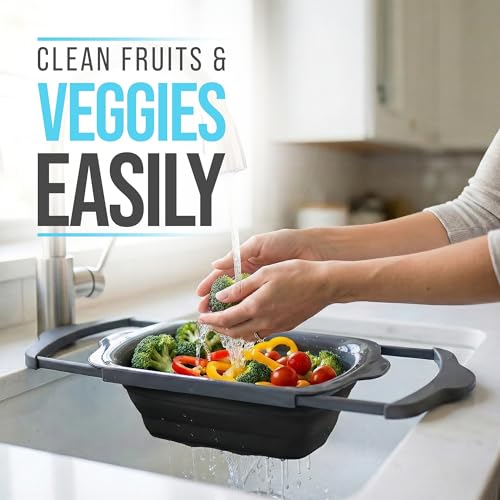 Comfify Over-the-Sink Colander with Handles – Sleek Plastic Black Kitchen Strainer for Pasta, Vegetables & Fruits – Space-Saving Design – 17.1 x 10.2 x 1.75 Inches - color: Black