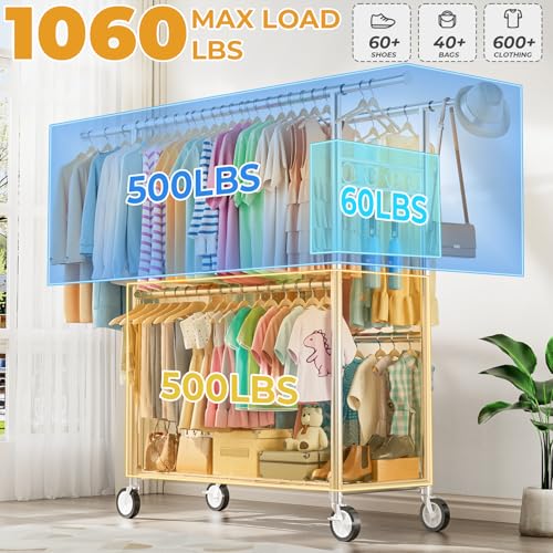 Heavy Duty Clothes Rack Load 1060LBS, Four Rods Rolling Clothing Racks for Hanging Clothes, Rolling Garment Rack With Sturdy Wheels Shelves Hooks, Portable & Adjustable Commercial Garment Rack, Silver - color: Silver, size: 20.0" x 60.6" x 72.8"(4 Rods)
