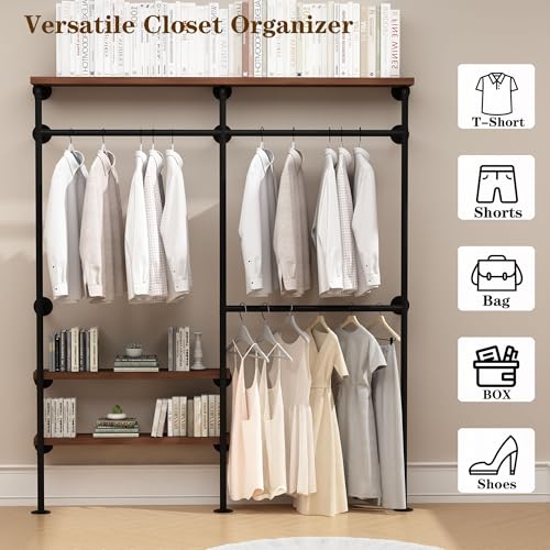 HOMEKAYT Industrial Pipe Clothes Rack,Wall Mounted Clothing Rack with Shelves, Heavy Duty Multi-Purpose Storage Clothes Hanging Shelf - 70.8''L Black - color: black, size: 70.8''L-A