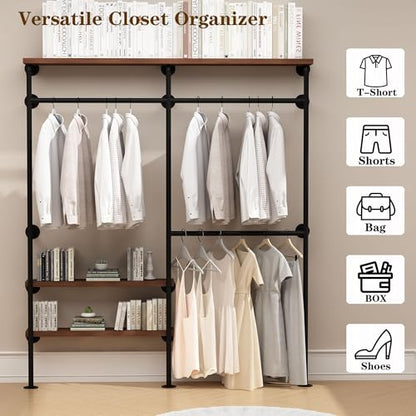 HOMEKAYT Industrial Pipe Clothes Rack,Wall Mounted Clothing Rack with Shelves, Heavy Duty Multi-Purpose Storage Clothes Hanging Shelf - 70.8''L Black - color: black, size: 70.8''L-A