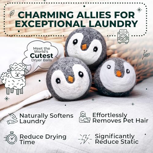 Chemical Free & Baby Safe! Reusable Wool Dryer Balls XL 6-Pack - Reduces Static, Cuts Dry Time, & Softens Naturally - color: 6 Penguins