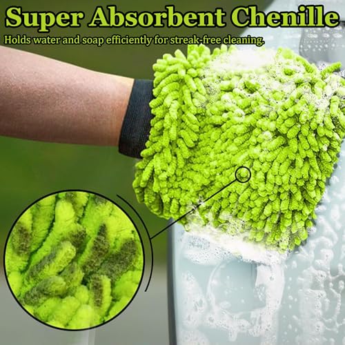 Fluorescent Green Microfiber Car Wash Mitt – Thickened Chenille Cleaning Glove for Car Windows & Detailing, Dual Use Wet/Dry - color: Green