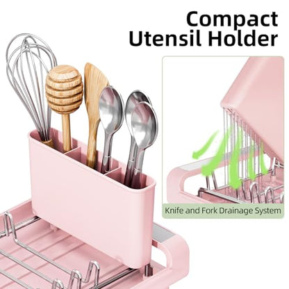 TOOLF Small Dish Drying Rack, Expandable and Space-Saving, Pink - color: Pink