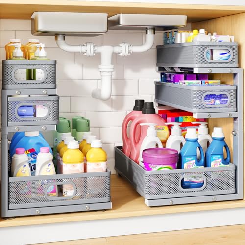 Under Sink Organizer, 3-Tier Thickened Metal Pull out Cabinet Organizer Shelf, Height Adjustable Slide out Storage Drawer Rack for Kitchen Bathroom Pantry Laundry Home Organization, 2-Pack, Grey - color: Gray, size: 2-Pack