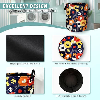 Colorful Dog Paws Hearts Laundry Basket Foldable Hamper 18.9"x16.5" - color: Colorful Dog Paws and Love Hearts