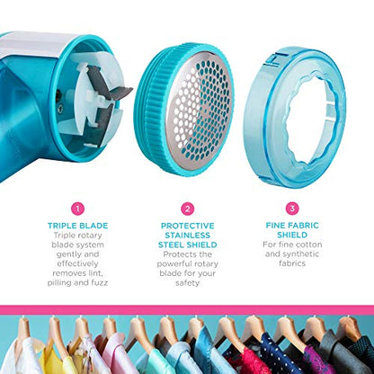 True & Tidy, Portable Fabric Shaver, Safely Removes Lint, Fabric Fluff and Fuzz Balls from All Types of Garments & Fabrics, LR-03, Aqua (Batteries not Included)