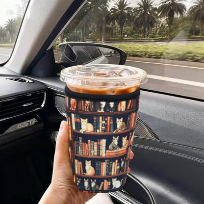 Reusable Insulated Neoprene Iced Coffee Cup Sleeve, Durable Drink Sleeve for Cold Beverages, Beverage Holder for Iced Coffee (Cat Library) - color: Cat Library