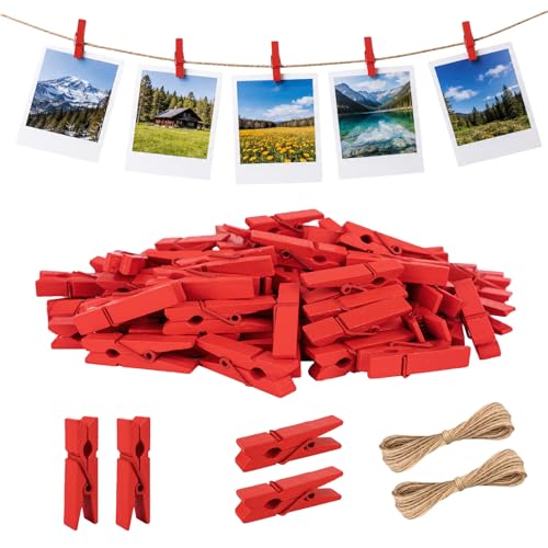 jijAcraft 1.4Inch Mini Clothes Pins - 100Pcs Wooden Clothespins with String - color: Red Red, size: 1.4 inch, 100 pcs